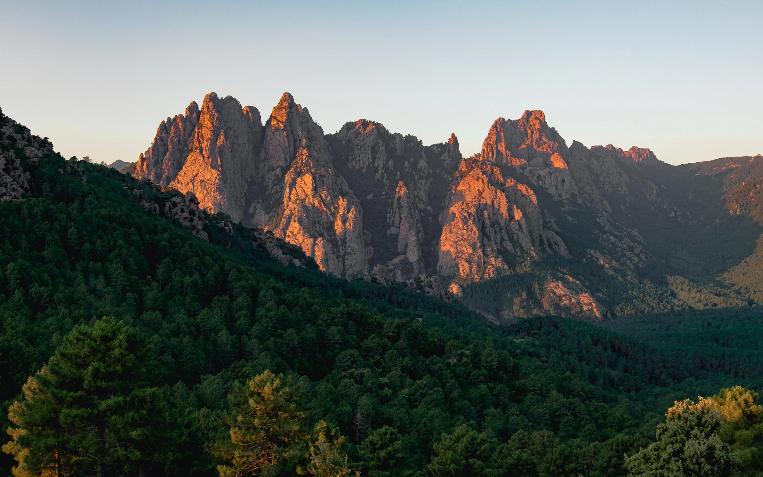 Montagne avec rayons de soleil et espaces verts aux alentours des oliviers de Palombaggia en Corse-du-Sud.